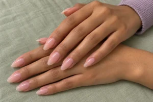 Two overlapping hands with glossy sheer pink jelly almond nails resting on light sage fabric.