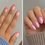 Two-panel close-up showing rosy pink French tips with heart accents on brown skin and pearl pink nails on fair skin.
