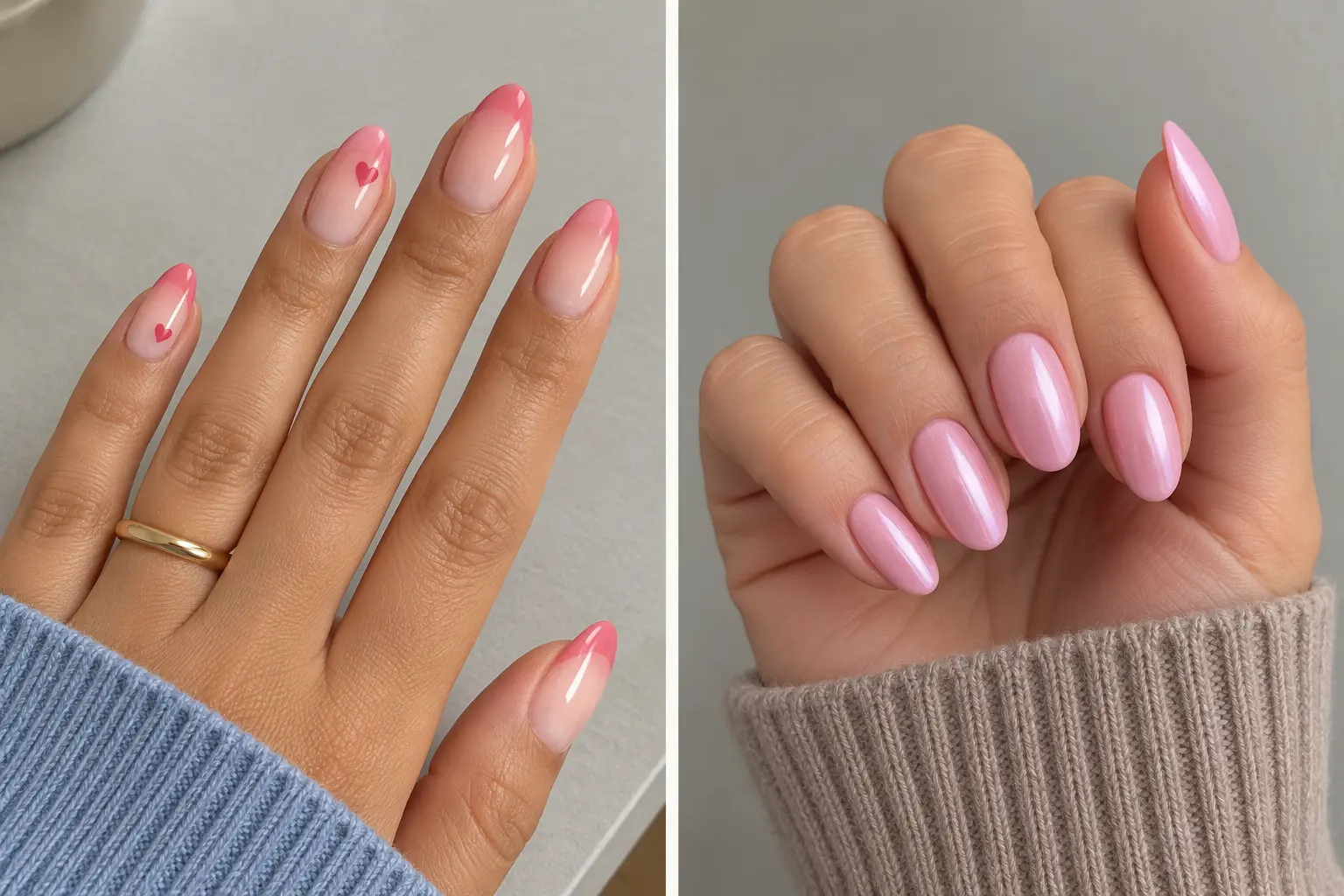 Two-panel close-up showing rosy pink French tips with heart accents on brown skin and pearl pink nails on fair skin.