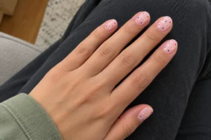 Close-up of short sheer pink nails with tiny red, white, and blue dots, resting on charcoal jeans.