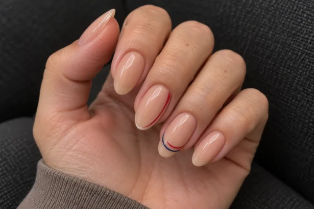 Close-up of nude almond nails with fine red, white, and navy blue curved accents on a relaxed hand.