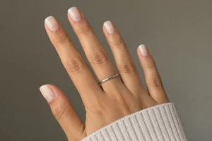 Milky nude short square nails on an outstretched hand with a slim silver ring and cream ribbed sleeve.