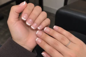 Close-up of two hands with glossy nude pink short square nails and crisp white French tips.