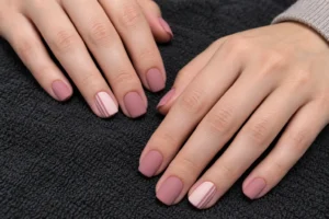 Matte dusty rose short square nails with pale pink striped accent nails on two hands resting on a charcoal towel.