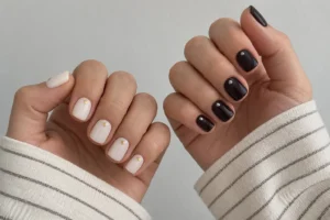 Short square ivory nails with tiny gold dots beside dark espresso nails with silver dots.