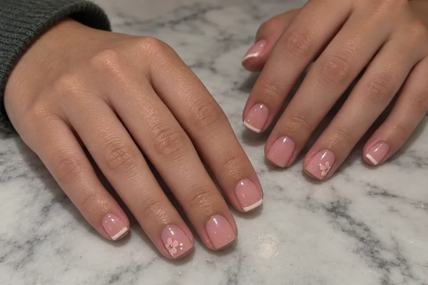 Short square pink nails with thin white French tips and small floral accents on two hands resting on gray marble.