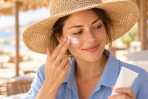 Fair-skinned woman applying sunscreen to her cheek while wearing a wide-brim straw hat and blue linen shirt.