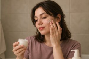 Fair-skinned woman applying moisturizer to her cheek, with a cleanser nearby and a dusty-mauve T-shirt.