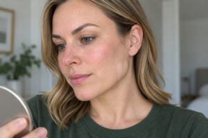 Fair-skinned woman comparing pink and neutral foundation swatches along her jawline, with natural redness on her cheeks.