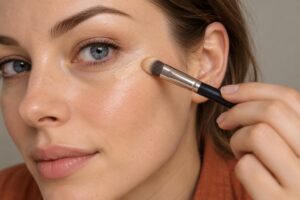 Fair-skinned woman blending skin-tone concealer beneath her eye with a small makeup brush.