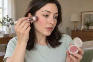 Fair-skinned woman lightly applying pink blush with a fluffy brush while holding an open blush compact.