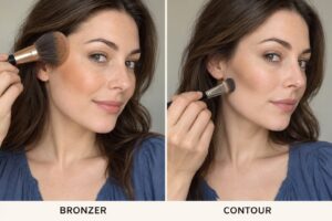 Side-by-side comparison of warm bronzer on the upper cheek and cool contour beneath the cheekbone on fair skin.