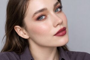 Fair-skinned woman wearing berry-red lipstick, soft plum eyeshadow and rosy blush.