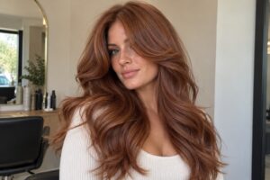 Woman with long copper hair, soft layered waves, and curtain bangs wearing an ivory top.