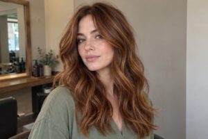 Woman with long auburn waves and face-framing layers wearing a sage-green blouse.