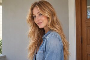 Woman with long strawberry blonde waves wearing a denim shirt in natural daylight.