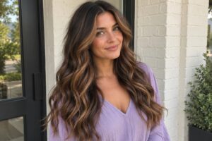 Woman with long brunette waves and caramel highlights wearing a lavender blouse.