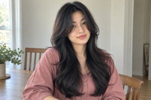 Woman with long soft black layers and curtain bangs wearing a muted rose blouse.