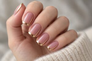 Sheer dusty rose nails with delicate gold edging and a cream knitted sleeve.
