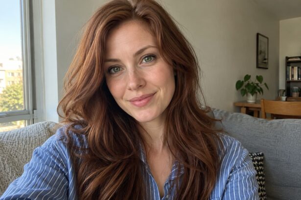 Woman with green eyes and long auburn hair wearing a blue striped shirt in natural daylight.