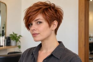 Woman with a short copper pixie cut and side-swept fringe wearing a charcoal shirt.