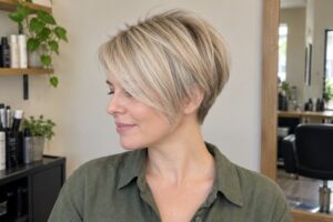 Woman with an ear-length ash blonde haircut and side-swept fringe wearing a moss-green blouse.
