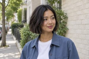 Woman with a softly waved chin-length dark bob wearing a blue overshirt outdoors.