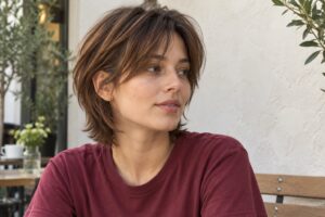 Woman with layered neck-length brown hair and wispy bangs wearing a cranberry T-shirt.