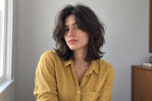 Woman with layered shoulder-length dark hair and curtain bangs wearing a mustard-yellow shirt.