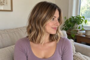 Woman with wavy collarbone-length hair and honey highlights wearing a lilac top at home.