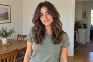 Woman with wavy armpit-length brown hair wearing a sage T-shirt at home.