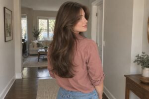 Woman with layered mid-back brown hair wearing a dusty-rose shirt at home, viewed from behind.