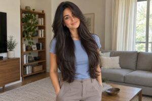 Woman with layered waist-length dark hair wearing a powder-blue top in a home living room.