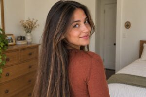Close-up of long brunette hair with subtle caramel highlights, photographed in a home setting.