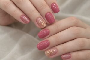Dusty rose manicure with gold foil accent nails and rose shimmer on a soft beige background.