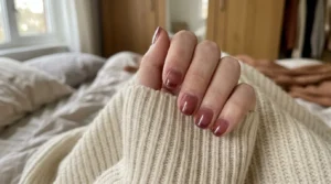 Sheer wine-tinted manicure with a translucent burgundy finish