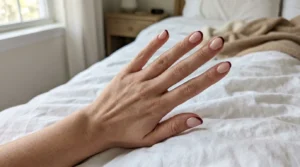 Burgundy micro French tips on a sheer nude manicure