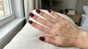 Matte burgundy nails finished with glossy burgundy French tips