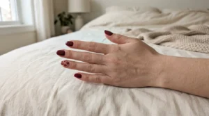 Glossy burgundy nails with a delicate floral accent nail