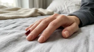Sheer nude manicure with one glossy burgundy accent nail