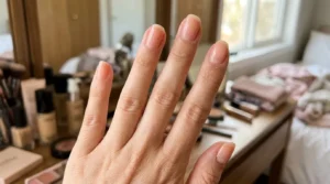 Close-up of sheer peach wash nails with a soft natural beauty look
